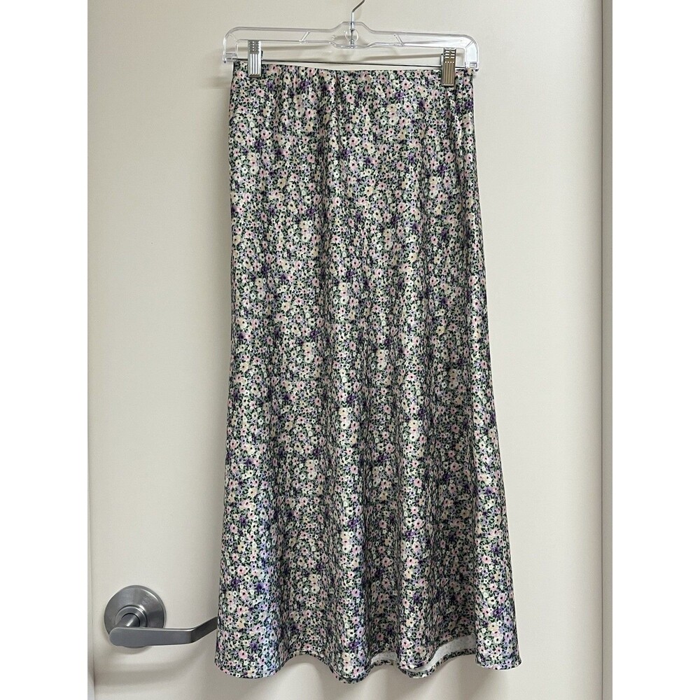Micro floral satin midi skirt Colorful Slip Casual Romantic Sz S (N375)